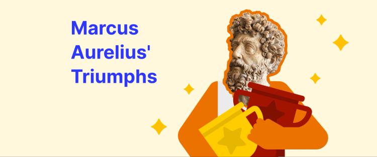 Marcus Aurelius' Accomplishments - Bust of Marcus Aurelius with sparkles and cartoon figure holding a golden trophy